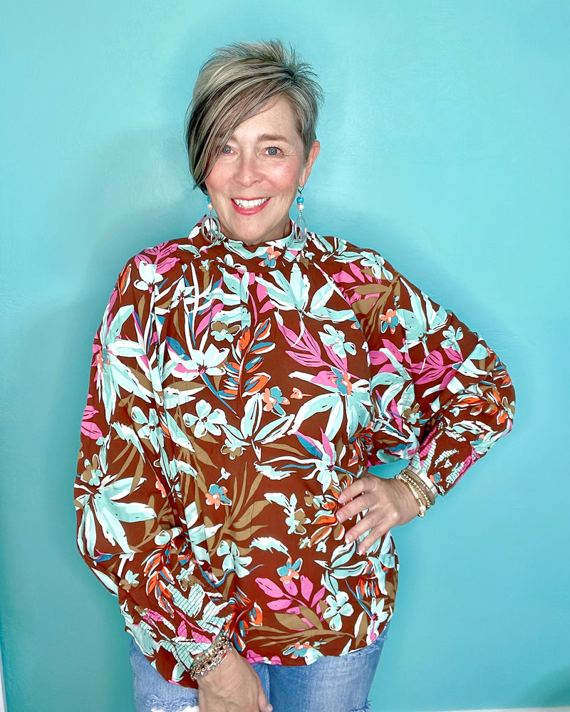 Mocha Brown or White Tropical Print Long Sleeve Challis Mock Neck Blouse