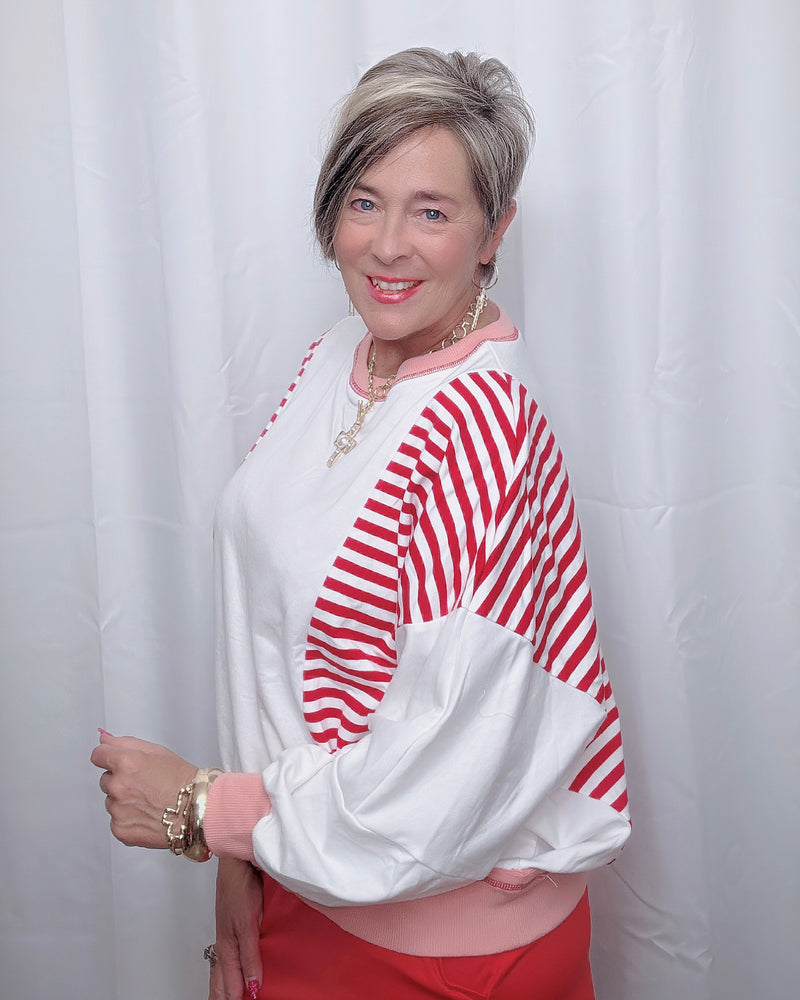 White with Red Stripe Long Sleeve Oversize Pullover Sweatshirt Top