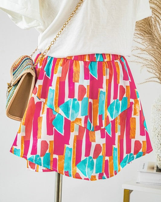 Pink, Blue & Orange Abstract Print Ruffle Hem Shorts