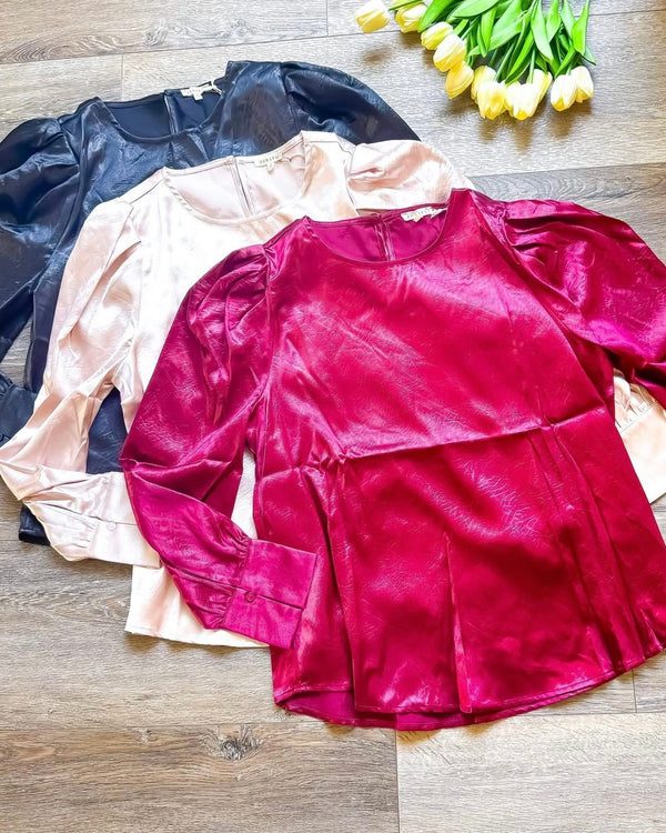 Solid Black or Solid Burgandy Wine Long Sleeve Satin Embossed Round Neck Blouse