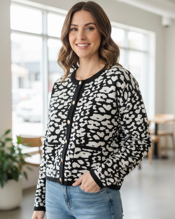 Black & White or Brown & White Button Front Leopard Print Long Sleeve Cardigan Sweater