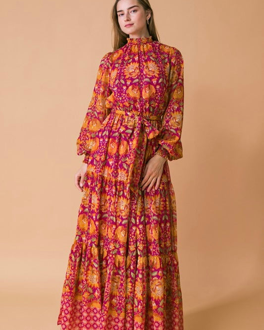 Magenta Orange Mix Floral Print Long Sleeve Maxi Dress
