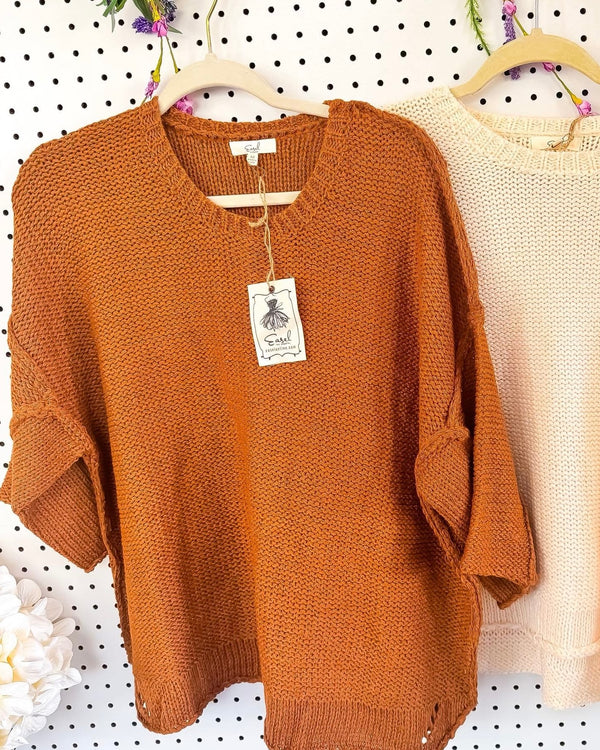 Brown Half 3/4 Sleeve Knitted Boxy Round Neck Sweater