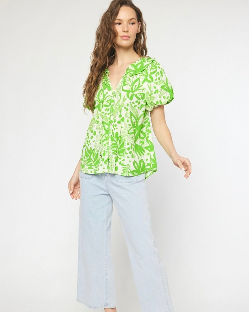 Spring Green & White Abstract Floral Puff Sleeve Top