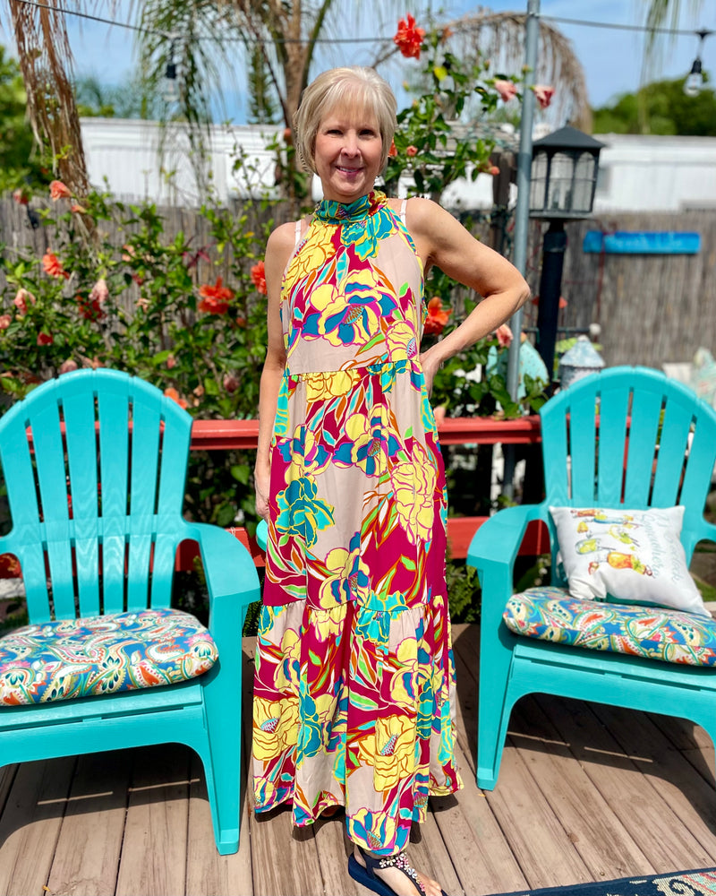 Pink Magenta, Turquoise Tropical Floral Print on Tan Halter Neck Sleeveless Maxi Sundress