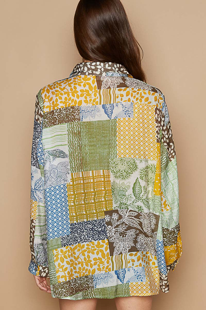 Olive Green & Yellow Gold Boho Patchwork Button Down Long Sleeve Top