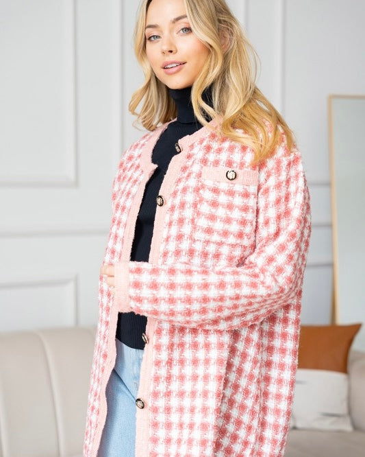 Pink & White Houndstooth Woven Long Sleeve Button Front Jacket