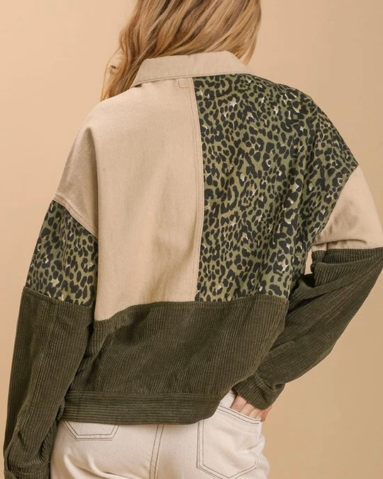 Brown, Cream & Olive Leopard Color Block Corduroy & Denim Style Mix Jacket Shacket