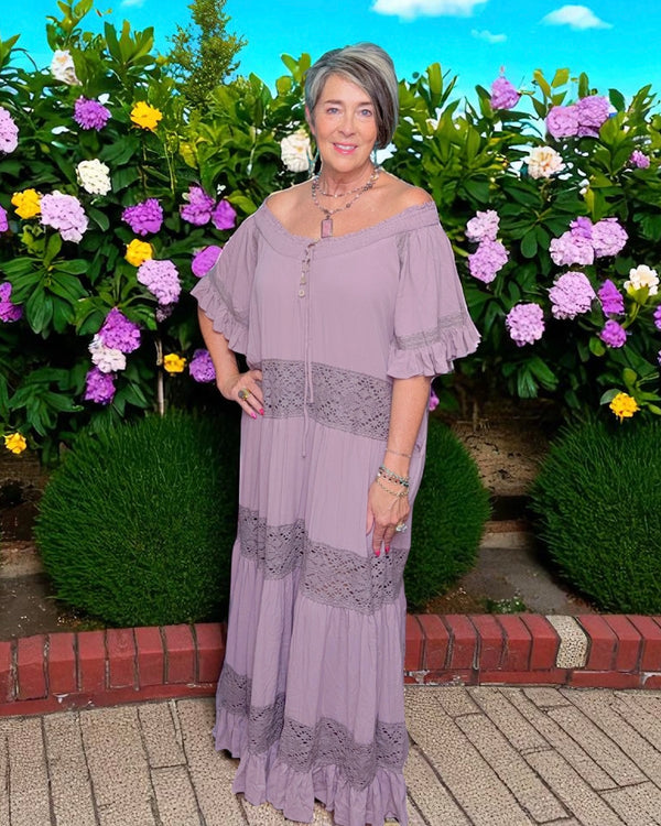Blush Mauve or Pumpkin Spice Lace Trim Tiered Relaxed Short Ruffle Sleeve Maxi Dress