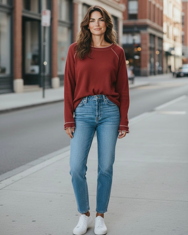 Cream or Red Textured Exposed Stitch Long Sleeve Thermal Top