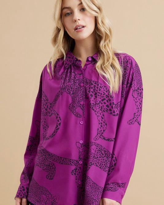 Plus Size Purple & Black Cheetah Animal Print Button Down Long Sleeve Top