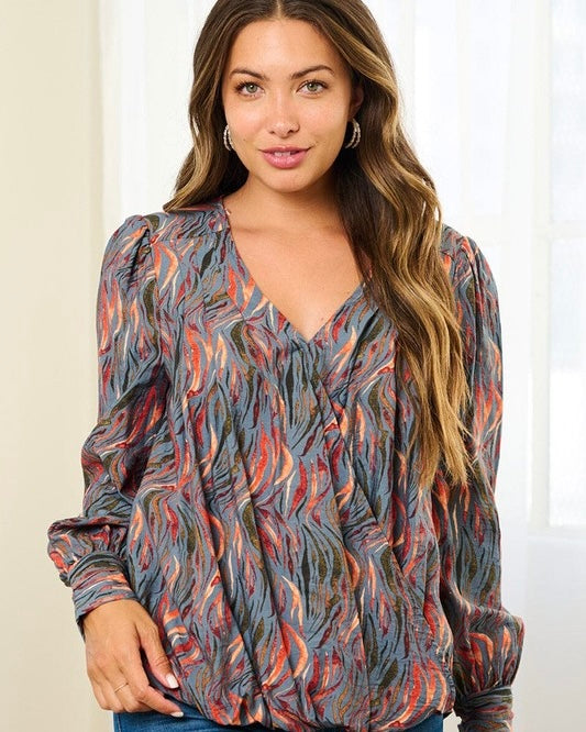 Dusty Blue Gray Abstract Print Long Sleeve Mock Wrap V-Neck Blouse