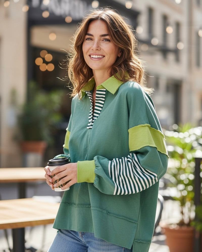 Contrasting Stripe Cut Raw Edge Hemline Long Sleeve Open Neck Pullover French Terry Collared Sweatshirt Top