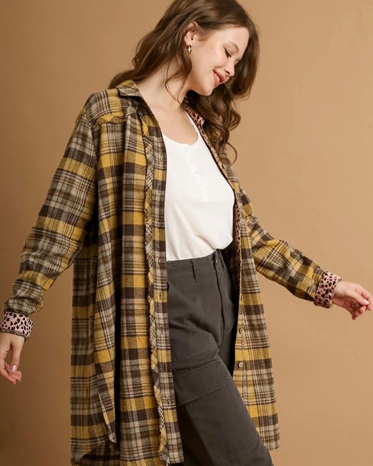 Brown Plaid Flannel Button Down Frayed Yoke Edge Pocket Swing Long Sleeve Shirt Dress