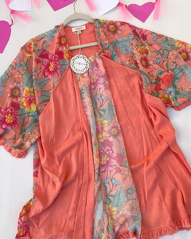 Plus Size Apricot Peach Floral Open Front Kimono Semi Sheer Frayed Edge Top