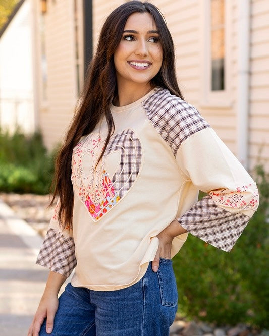 Boho Cream Peace Heart Patch Plaid Floral Pullover Sweatshirt