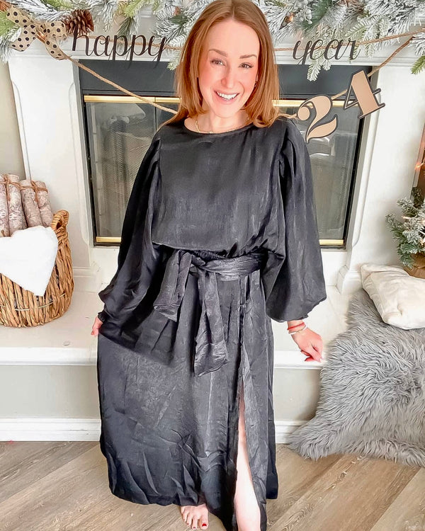 Long Black Satin Elastic Waist Long Sleeve Dress