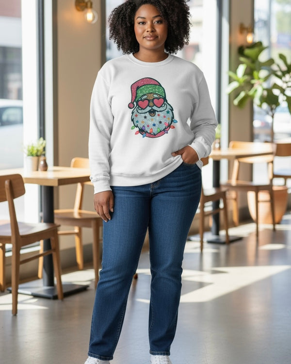 White Sweatshirt with Holiday Light Santa Christmas Sweatshirt