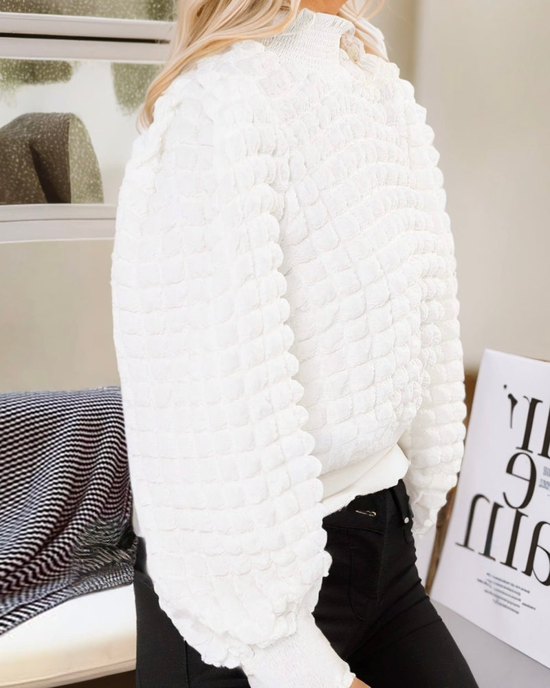 Oversized White Puff Bubble Textured Lightweight Hi Neck Long Sleeve Pullover