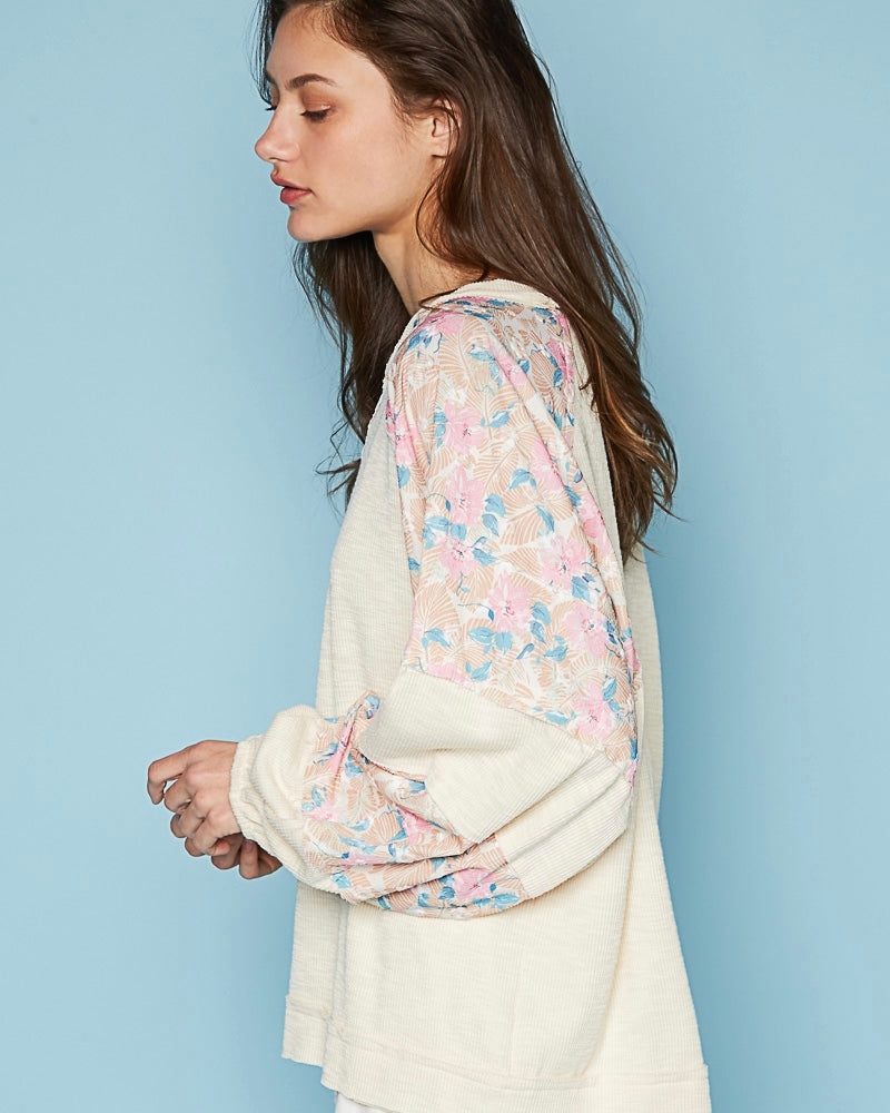 Cream Round Neck Long Sleeve Floral Block Light Pullover Top