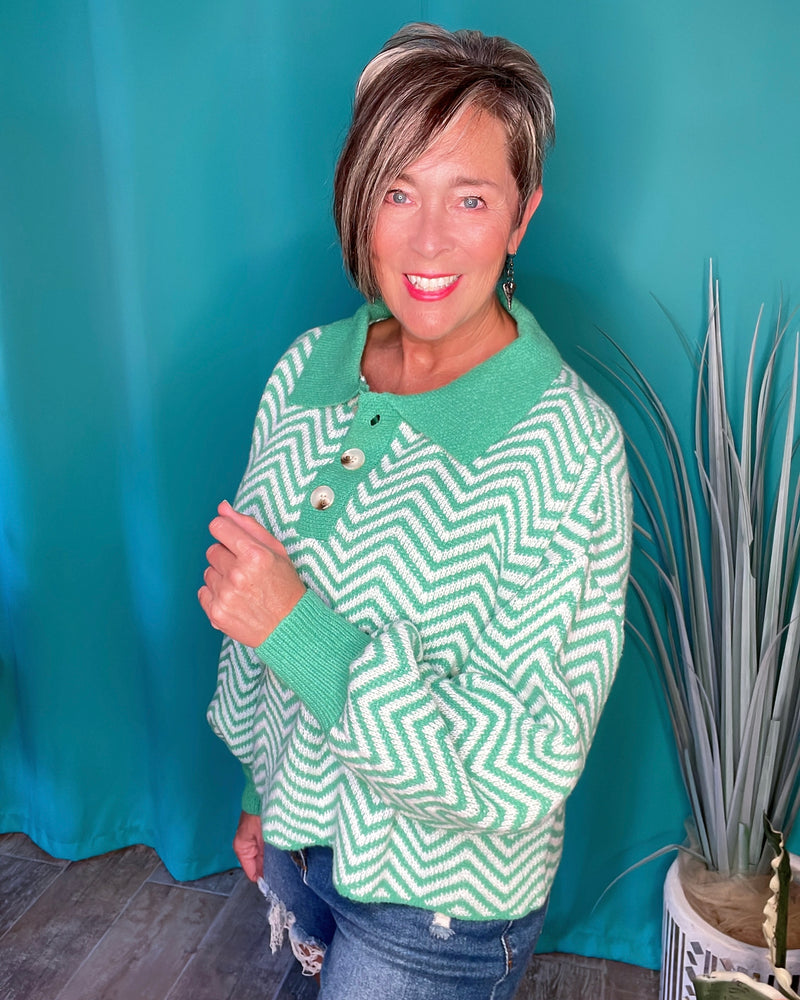 Pink & White or Green & White Zig Zag Collared Button Neck Sweater