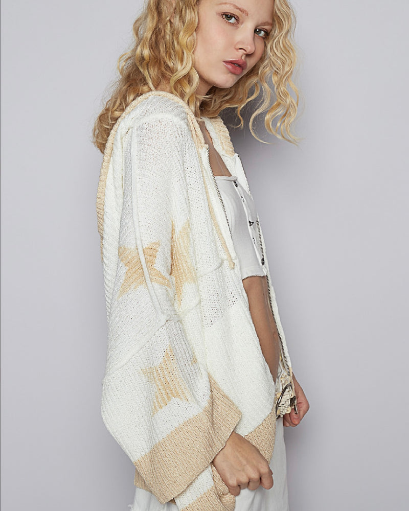 White & Khaki Star Open Front Long Sleeve Light Sweater Knit Hoodie Cardigan