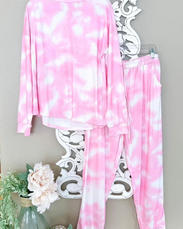 2 pc Pink Tie Dye Pajama PJ Lounge Pant Set