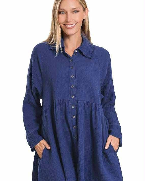 Solid Blue, Magenta or Black Mineral Wash Cotton Gauze Button Down Long Sleeve Tunic Hi/Lo Top