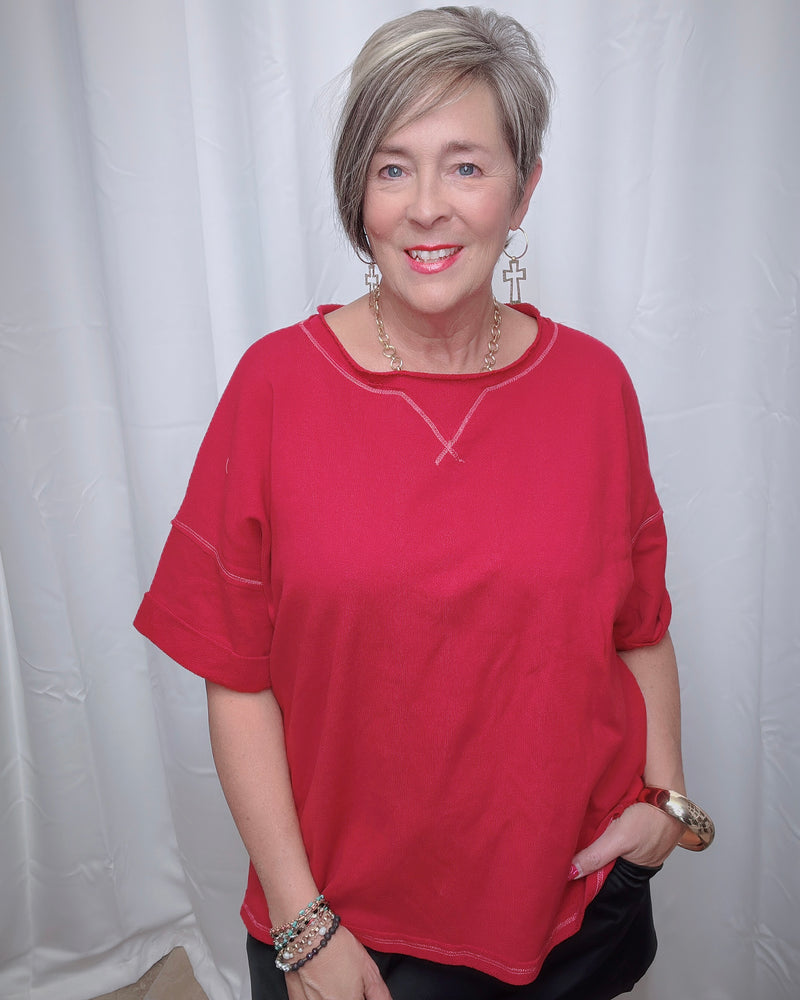 Solid Red Raw Edge Outside Stitch Short Roll Sleeve Top