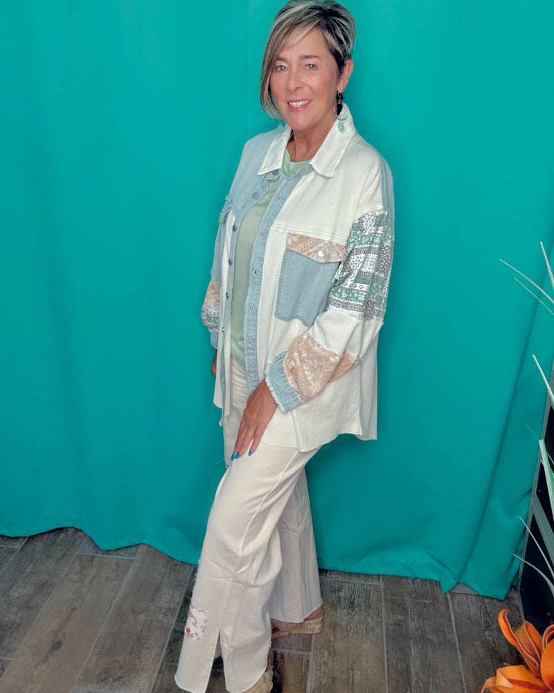 Boho Khaki Denim, Waffle & Lace Hi Lo Oversized Patch Balloon Sleeve Button Down Shirt/Jacket