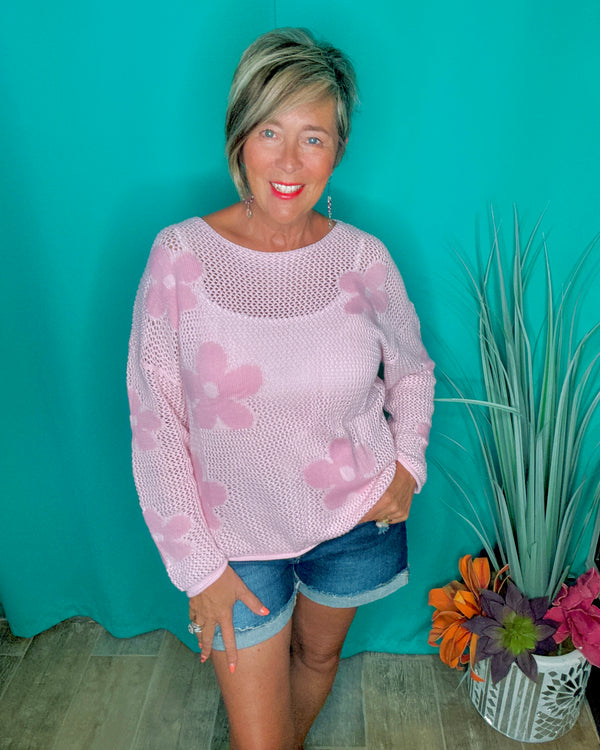 Light Pink Flower Long Sleeve Light Hollowed Knit Sweater