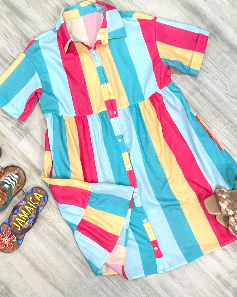 Multicolor Rainbow Vertical Stripe Button Front Short Sleeve Dress