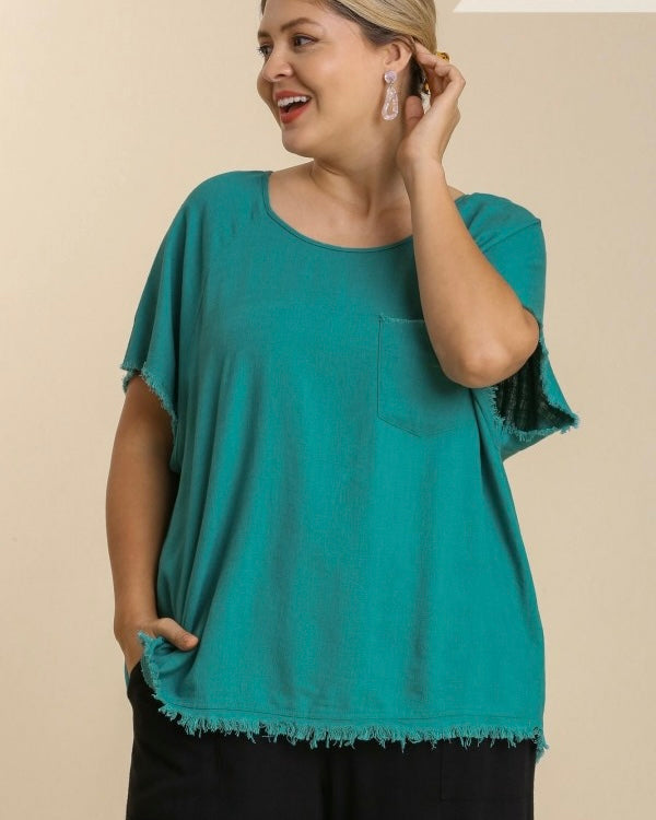 Navy Blue, Teal Green or Magenta Pink Gauze Freyed Front Pocket Top