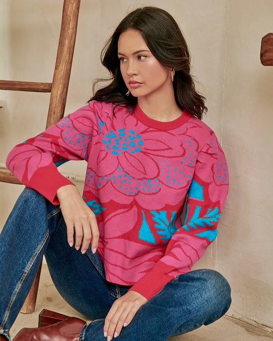 Pink, Red & Blue Abstract Flower Print Sweater Top