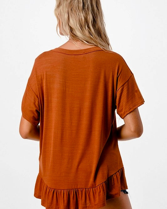 Solid Brown Round Neck Ruffle Hem T-Shirt Short Sleeve Top