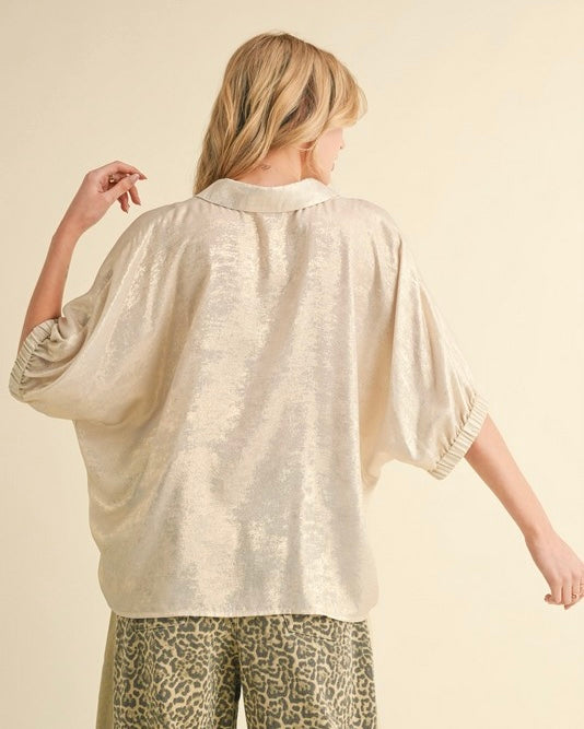 Champagne Metallic Shimmer 1/2 Dolman Sleeve VNeck Top