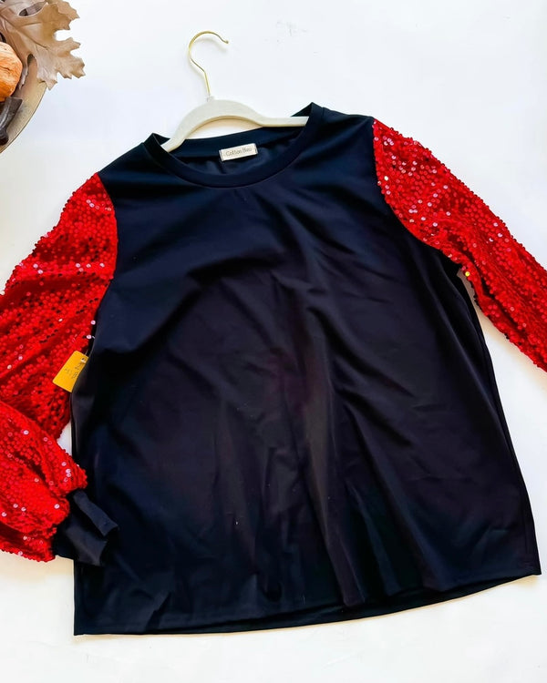 Black Top with Red Festive Sequin Long Sleeves