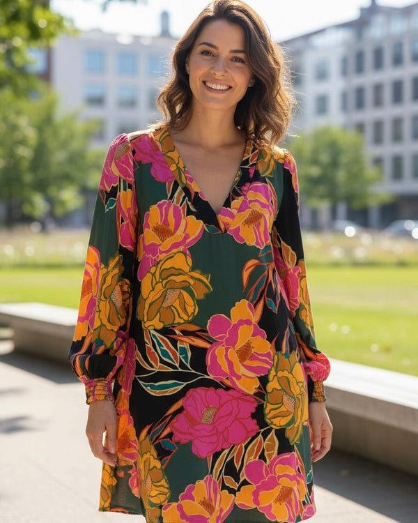 Black, Pink & Orange Flower Open VNeck Long Balloon Sleeve Dress