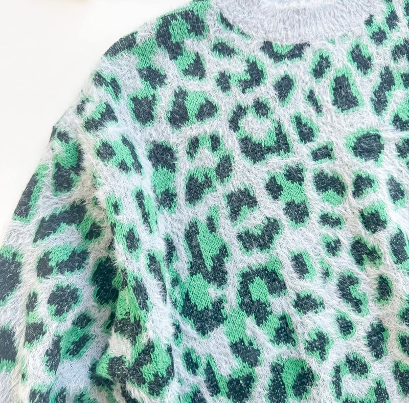 Blue Green Leopard Soft Fuzzy Long Sleeve Sweater Top