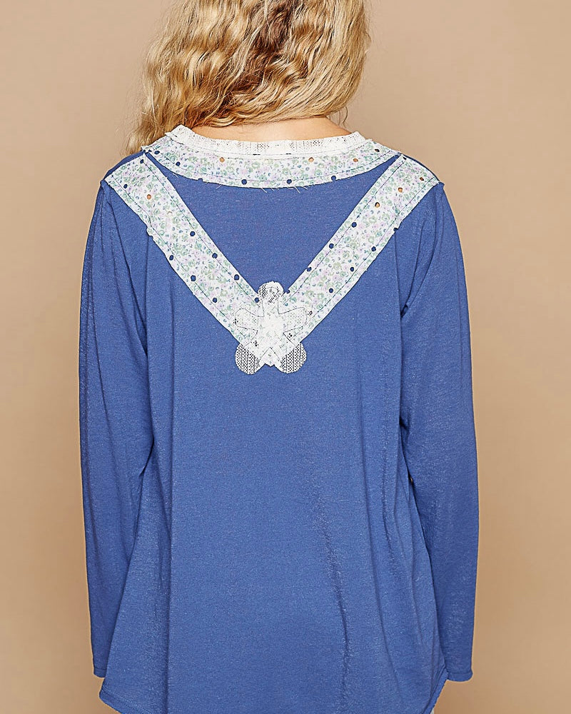 Ivory or Blue Relaxed Fit Lightweight Long Sleeve Lace Flower Patch Top