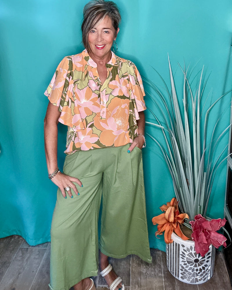 Orange & Green Retro Floral Ruffle Short Sleeve Button VNeck Blouse Top