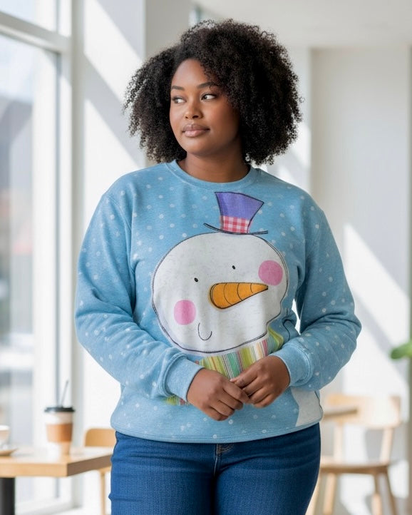 DOOR BUSTER Blue Multicolor Whimsical Snowman Long Sleeve Pullover Top