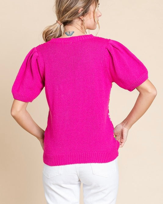 Hot Pink Hollowed Out Crochet Knit Puffed Short Sleeve Sweater Top