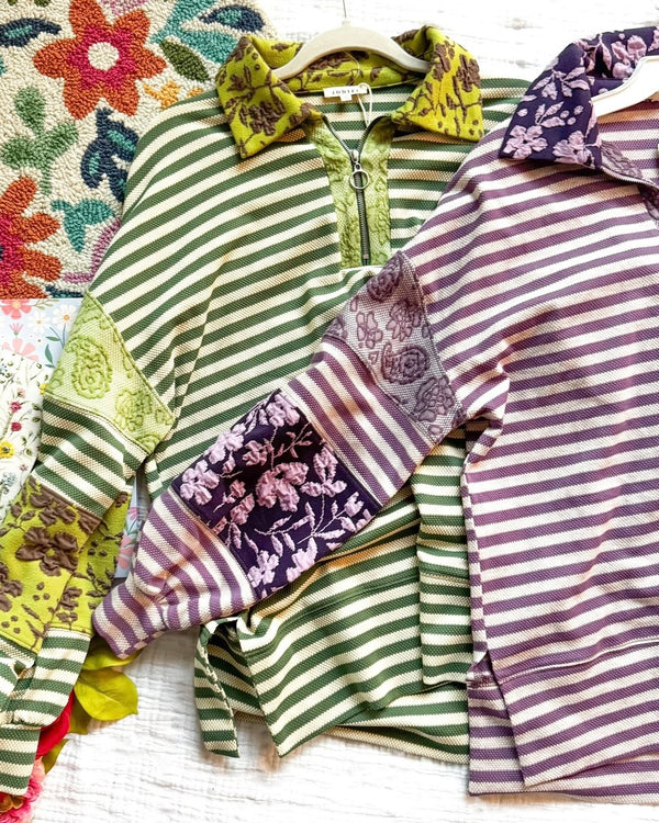 Purple or Green Striped Floral Contrast Texture Block Long Sleeve Zip Neck Collar Top