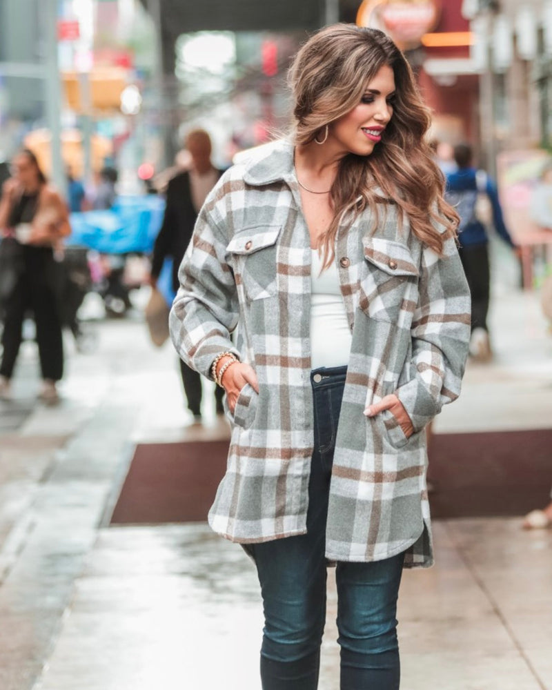 Brown and Gray Button Down Pocket Plaid Shacket