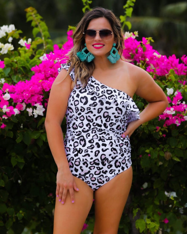 Spotted in Paradise Black & White Leopard Print One Shoulder Ruffle Swimsuit