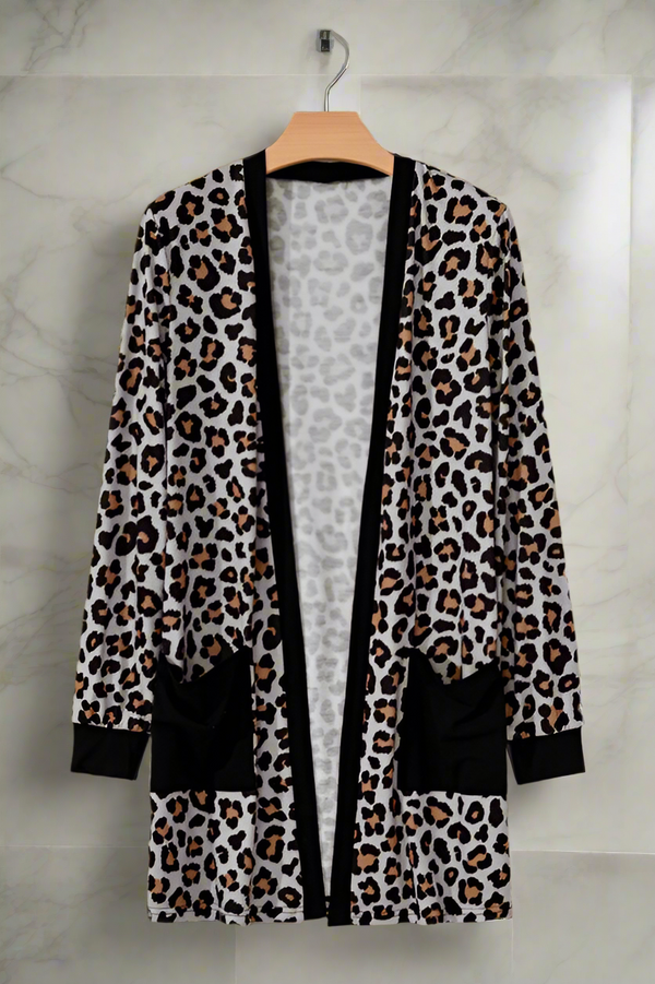 Black and Brown Leopard Light Soft Sweater Knit Pocket Cardigan