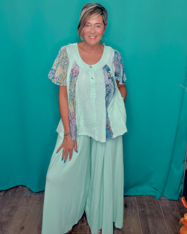 Boho Mint Green & Blue Paisley Mix Media Gauze Flare Short Sleeve Button Neck Top