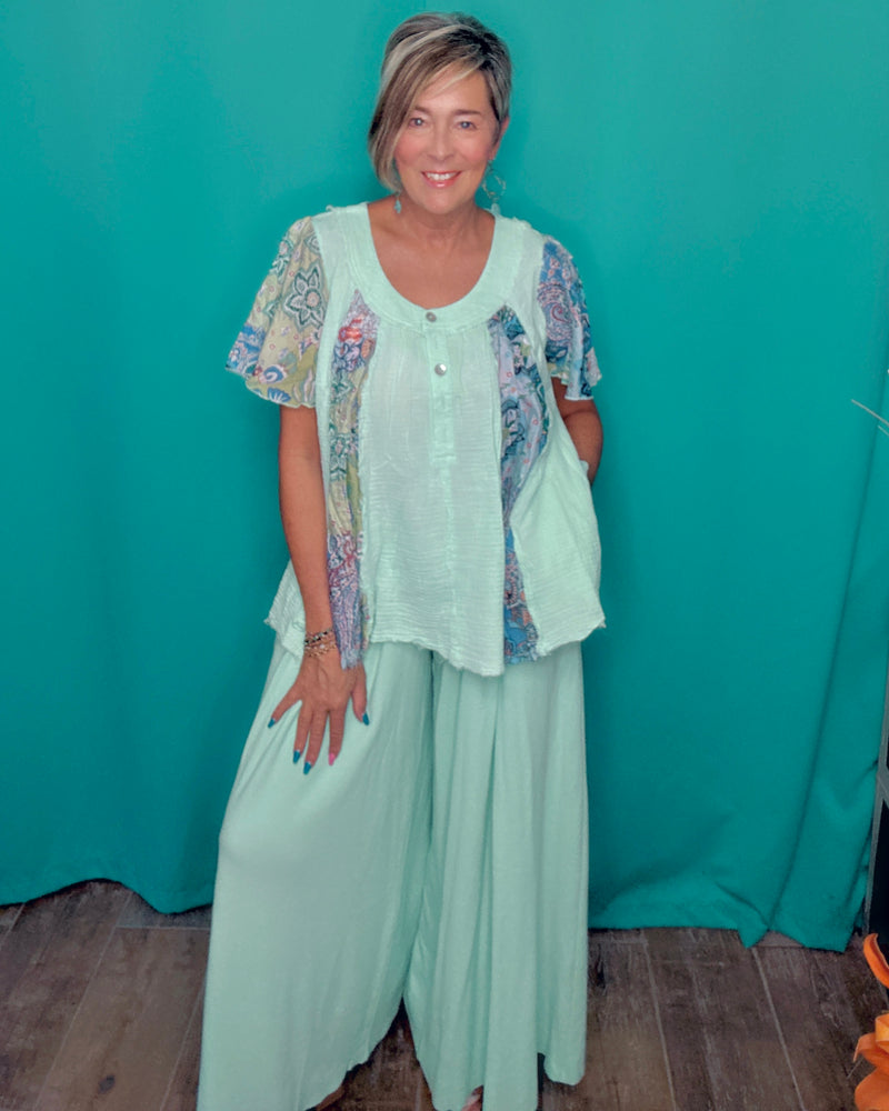 Solid Mint Turquoise Blue Wide Flare Drawstring Elastic Waist Pocket Lounge Pant