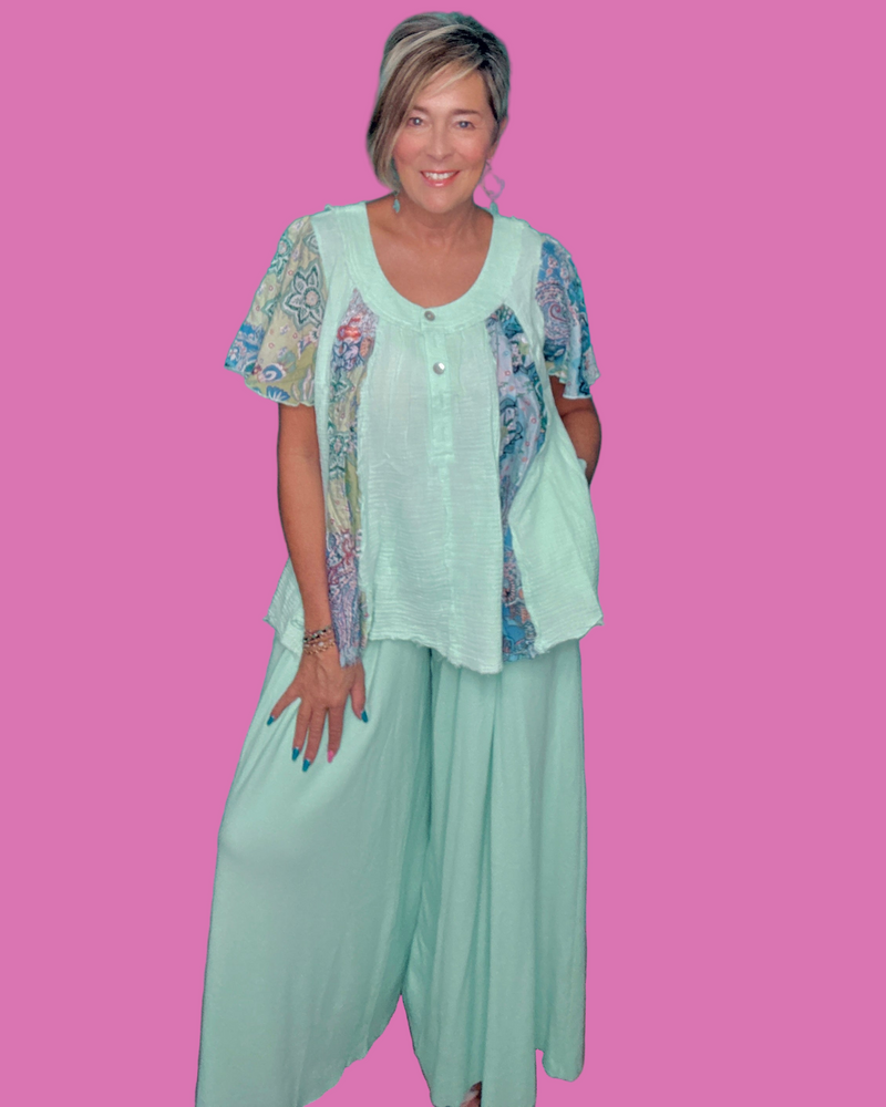 Oversized Solid Mint Turquoise Blue Wide Flare Drawstring Elastic Waist Pocket Lounge Pant